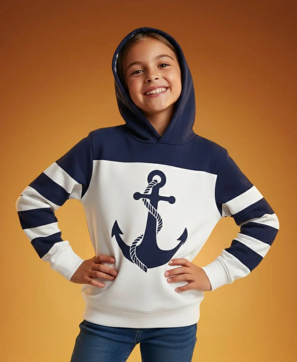 Unisex Cotton Anchor Print Hoodie – Cozy Navy & White Winter Wear
