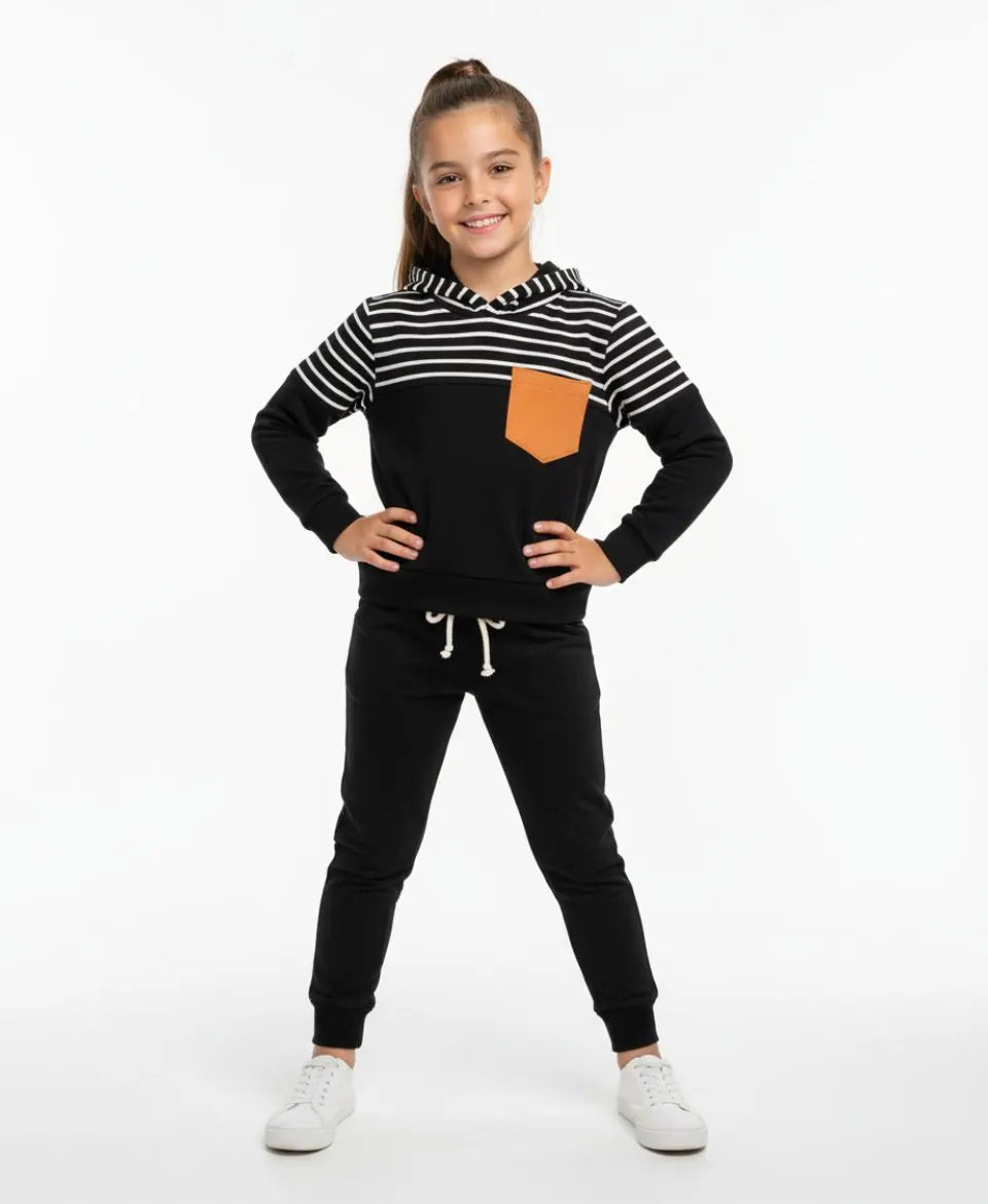 Unisex Cotton Hoodie & Trouser Set – Black Striped Winter Outfit