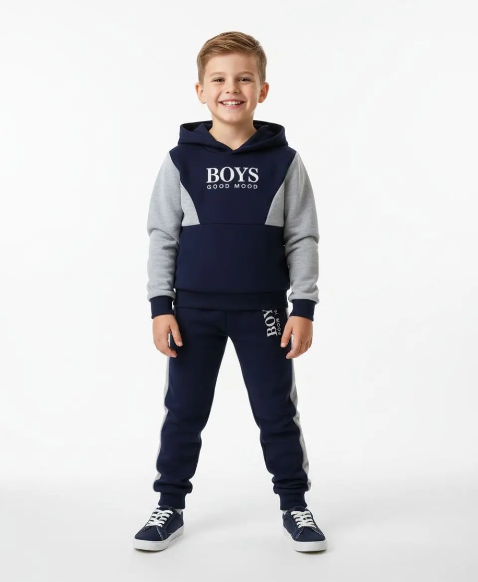 Boys Fleece Tracksuit Set – Navy & Grey Winter Outfit