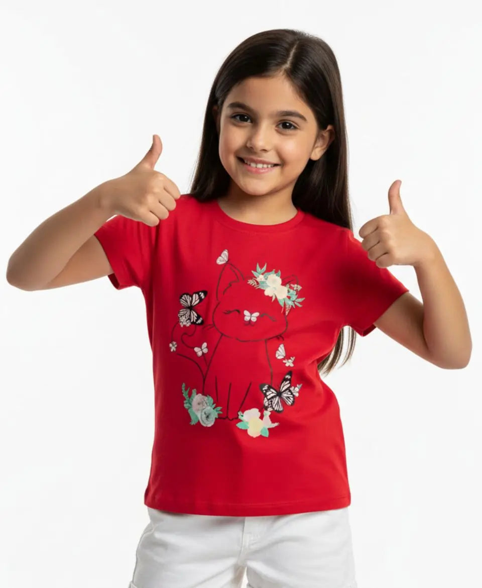 Girls Floral Kitty T-Shirt