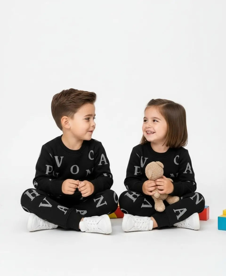 Unisex Fleece Sweatshirt & Trouser Set – Letter Print Winter Outfit