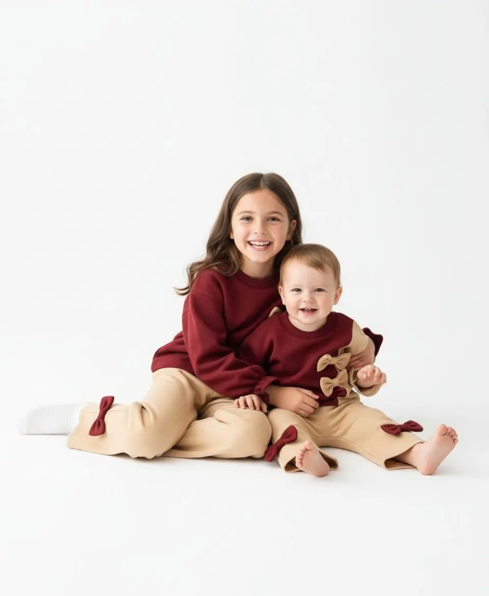 Girls Fleece Sweatshirt & Pants Set – Maroon Beige Bow Outfit