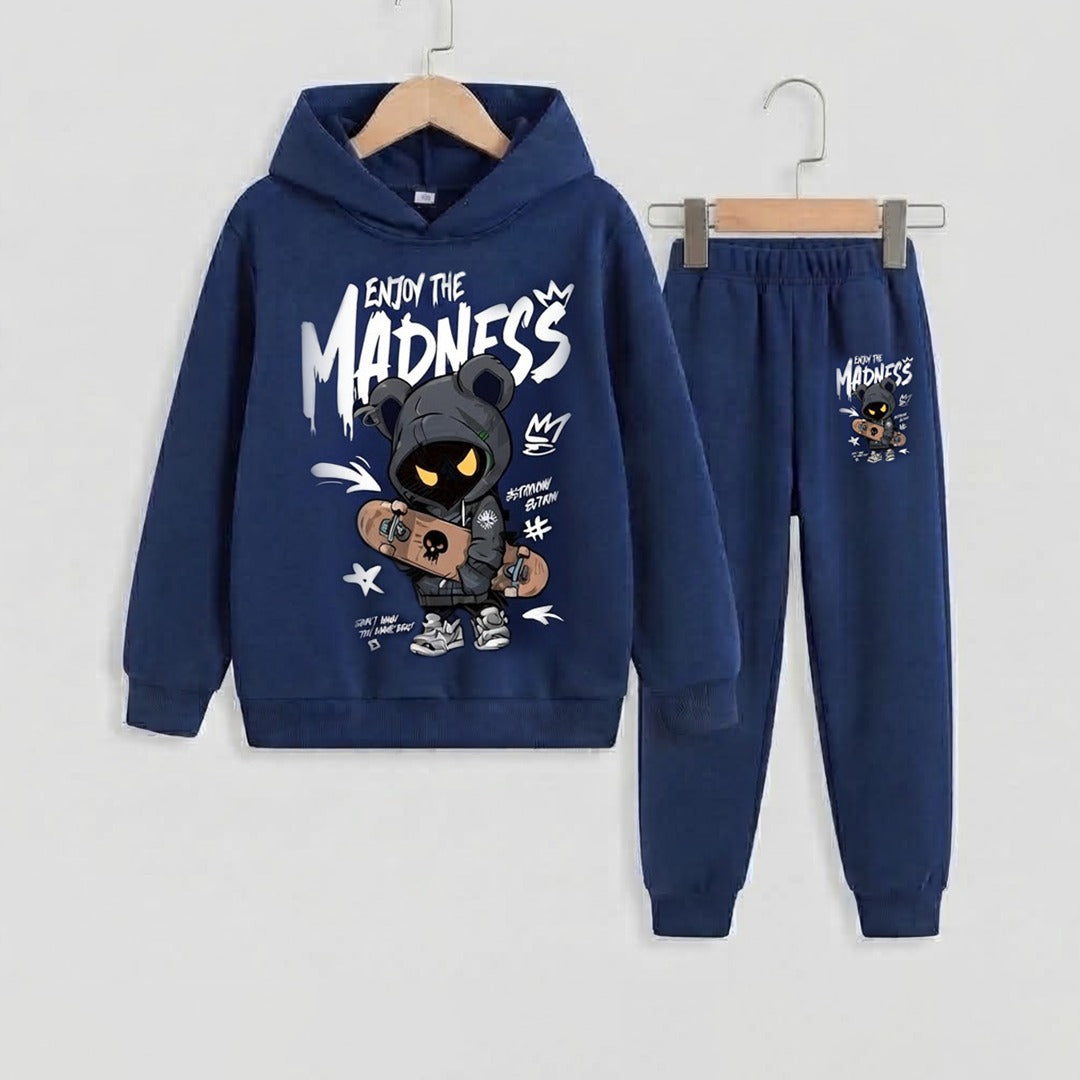 Kids "Enjoy the Madness" Skater Graphic Navy Blue Tracksuit Set