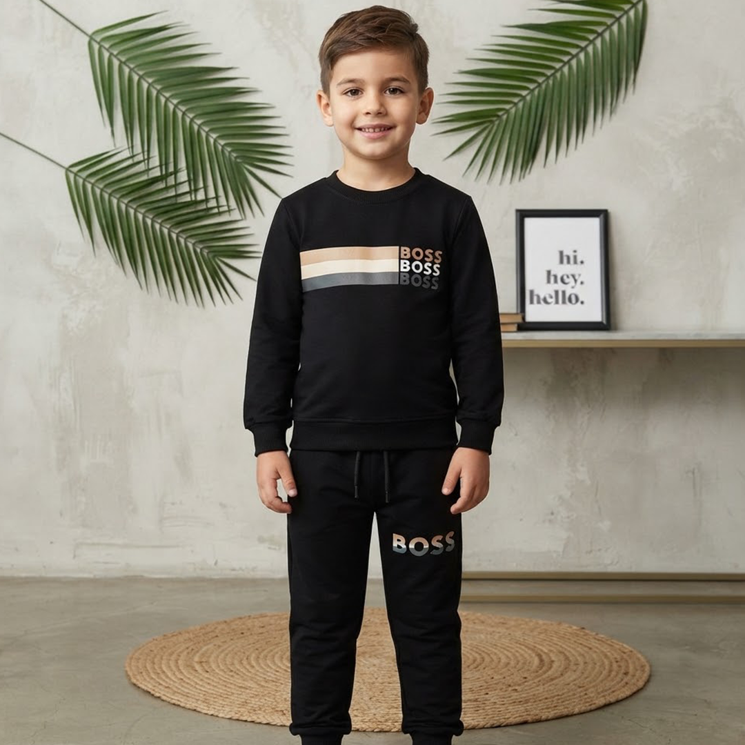 Kids' BOSS Black Striped Sweatshirt & Jogger Set