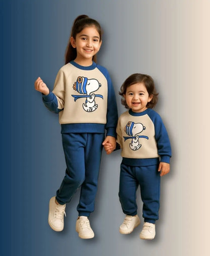 Unisex Cotton Fleece Sweatshirt & Trouser Set – Blue Beige Winter Outfit