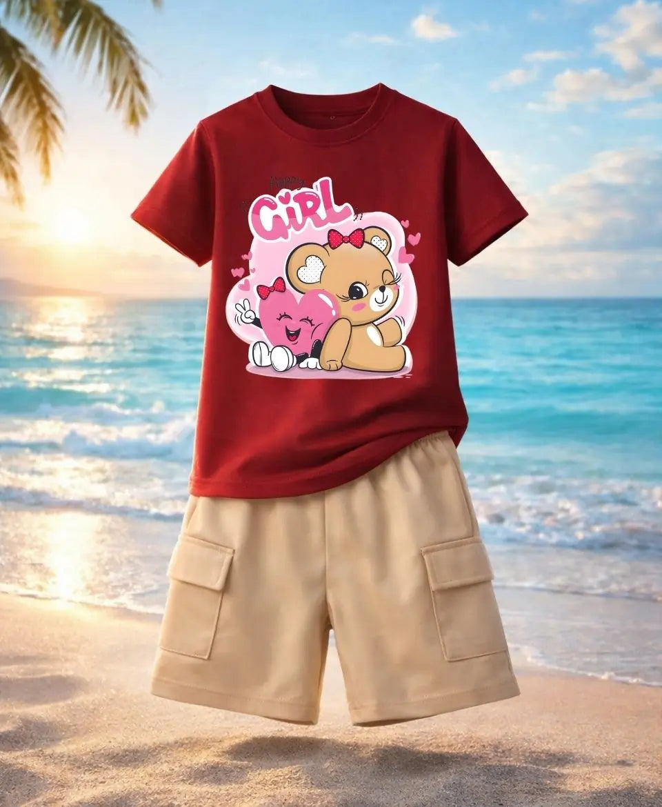 Happy Girl Teddy Pink Summer Suit Set 2