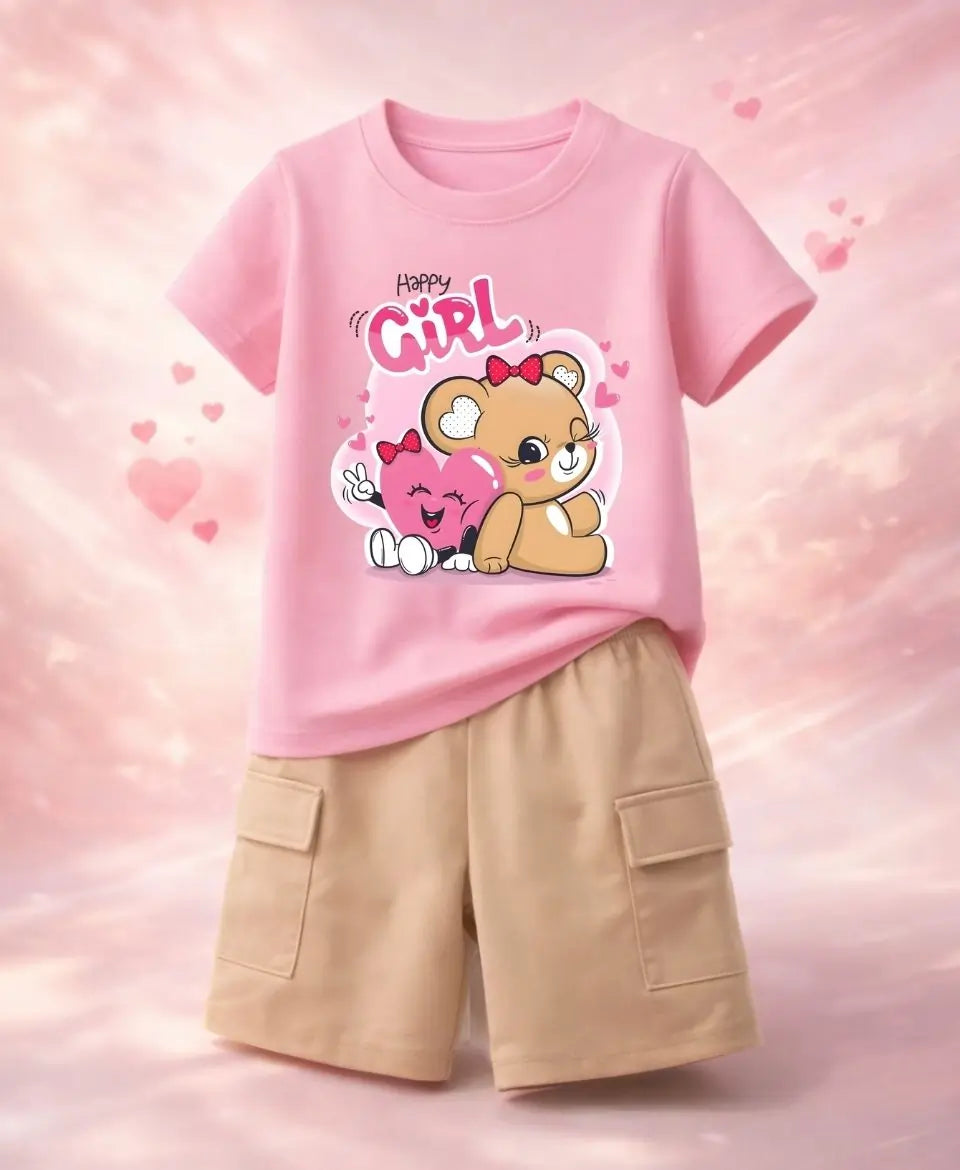 Happy Girl Teddy Pink Summer Suit Set 2
