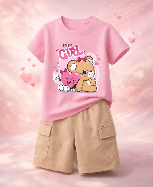 Happy Girl Teddy Pink Summer Suit Set 2