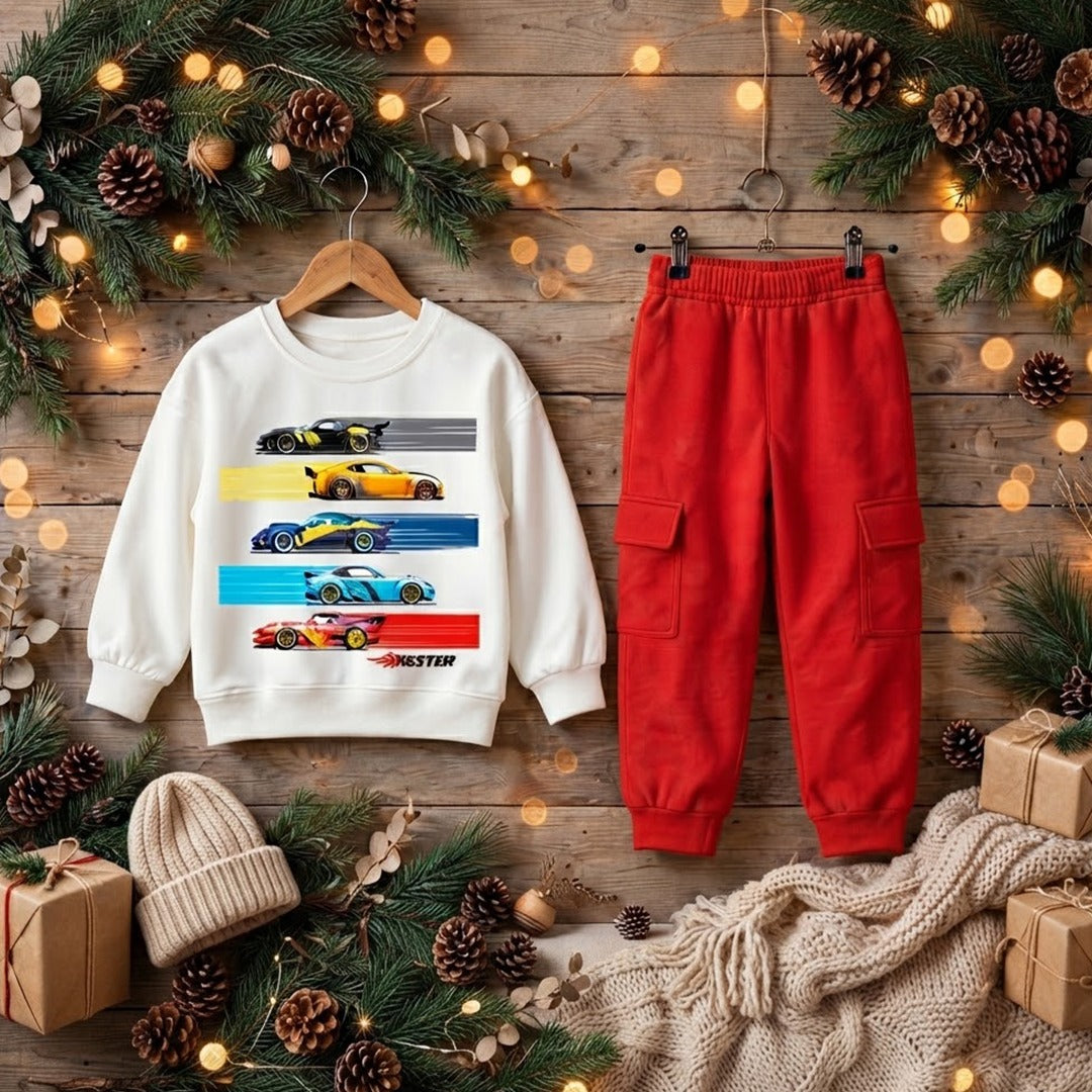 FASTER Winter Suit - White Sweatshirt with Red Cargo Trouser