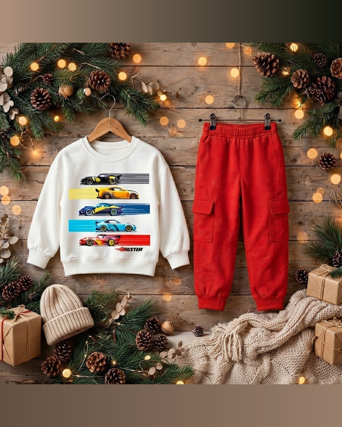 FASTER Winter Suit - White Sweatshirt with Red Cargo Trouser