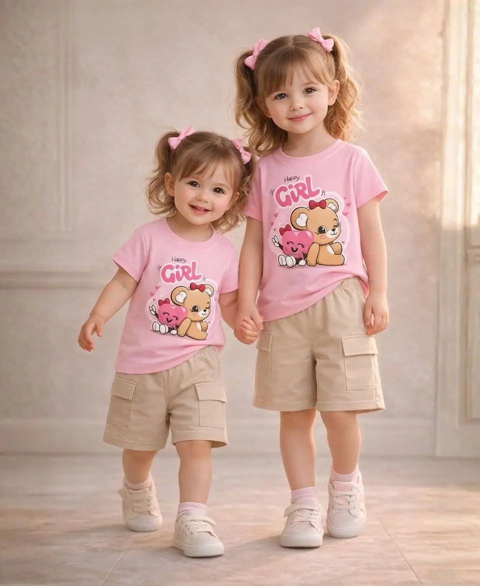 Happy Girl Teddy Pink Summer Suit Set 2