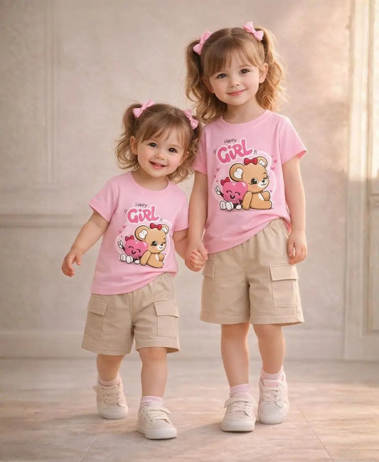 Happy Girl Teddy Pink Summer Suit Set 2