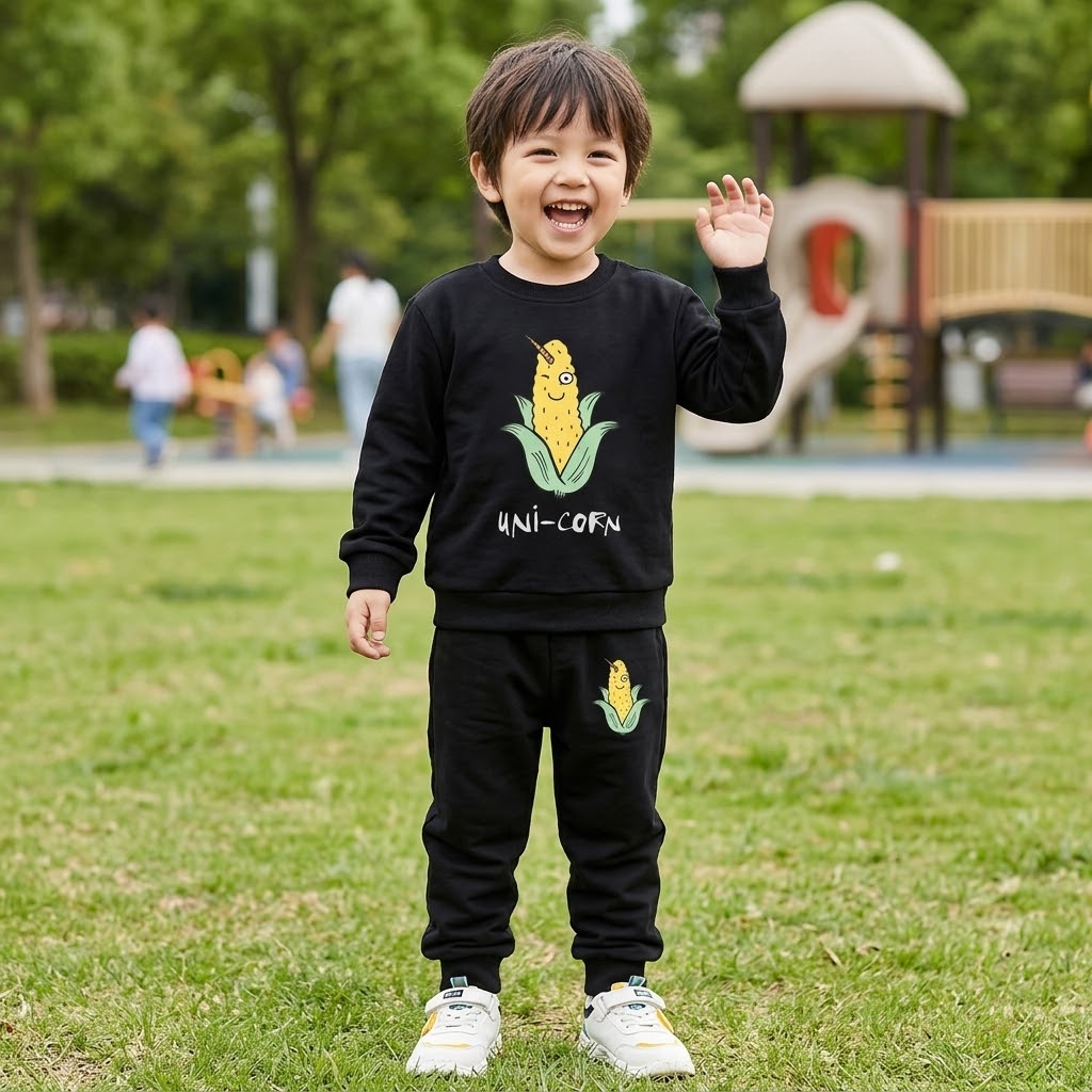 Boys’ Uni-Corn Printed Sweatshirt & Jogger Set – Black Winter Outfit