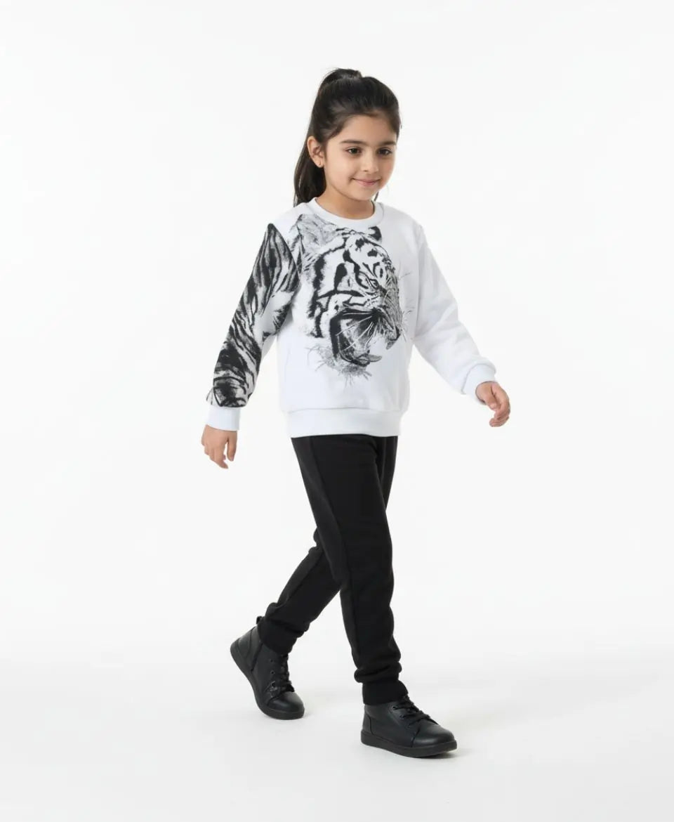 Unisex White Tiger Print Sweatshirt with Black Trouser Set