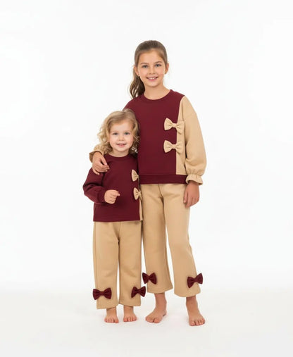 Girls Fleece Sweatshirt & Pants Set – Maroon Beige Bow Outfit