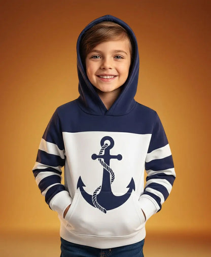 Unisex Cotton Anchor Print Hoodie – Cozy Navy & White Winter Wear