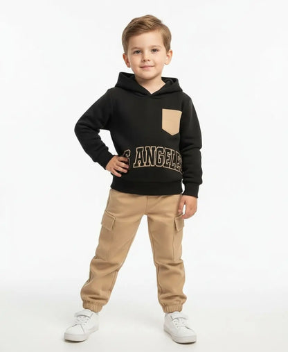 Unisex Kids Fleece Hoodie & Trouser Set – Black & Beige “Los Angeles” Outfit