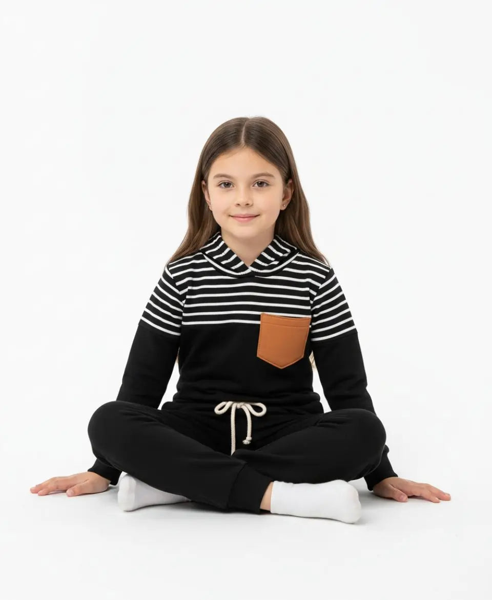 Unisex Cotton Hoodie & Trouser Set – Black Striped Winter Outfit