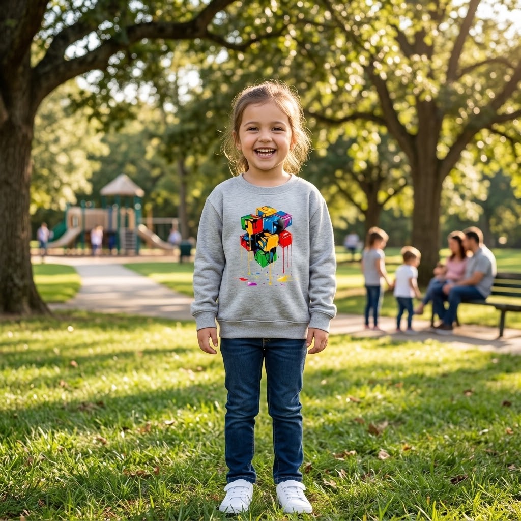 Kids Grey Melted Color Block Cube Graphic Fleece Sweatshirt | Casual Winter Wear