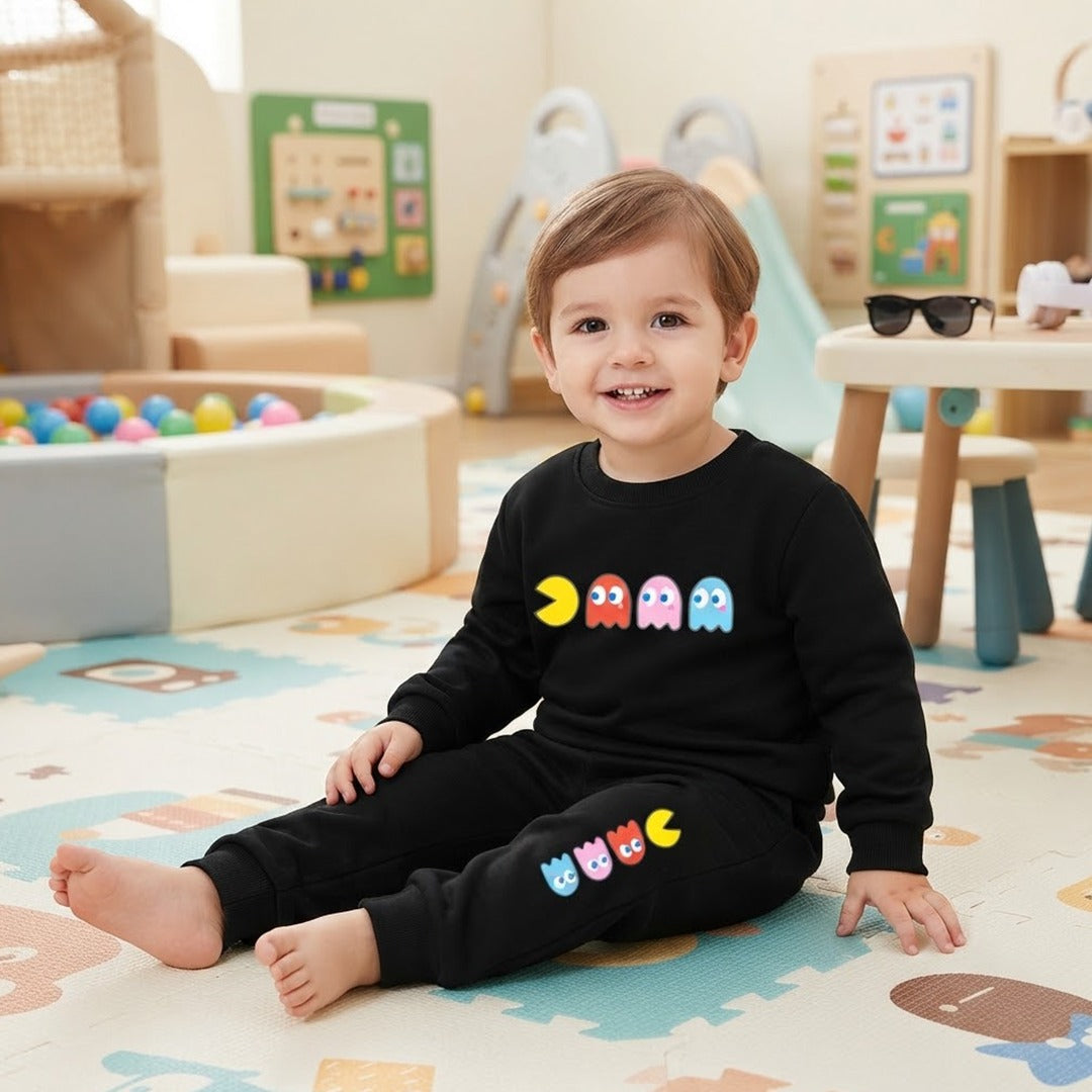 Boys’ Cartoon Printed Sweatshirt & Jogger Set – Black Winter Outfit