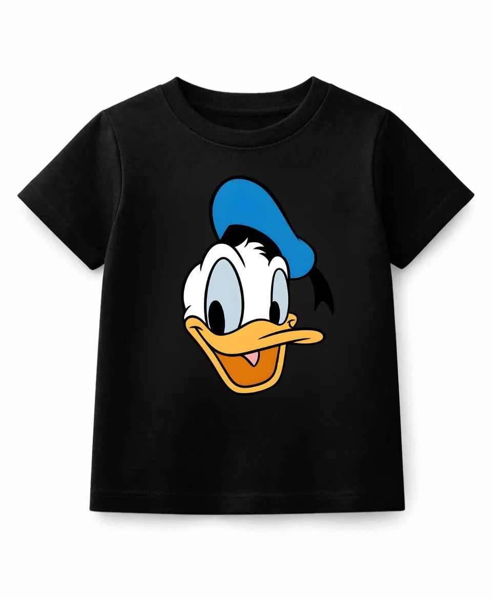 Black t-shirt with a cartoon character face design on a white background