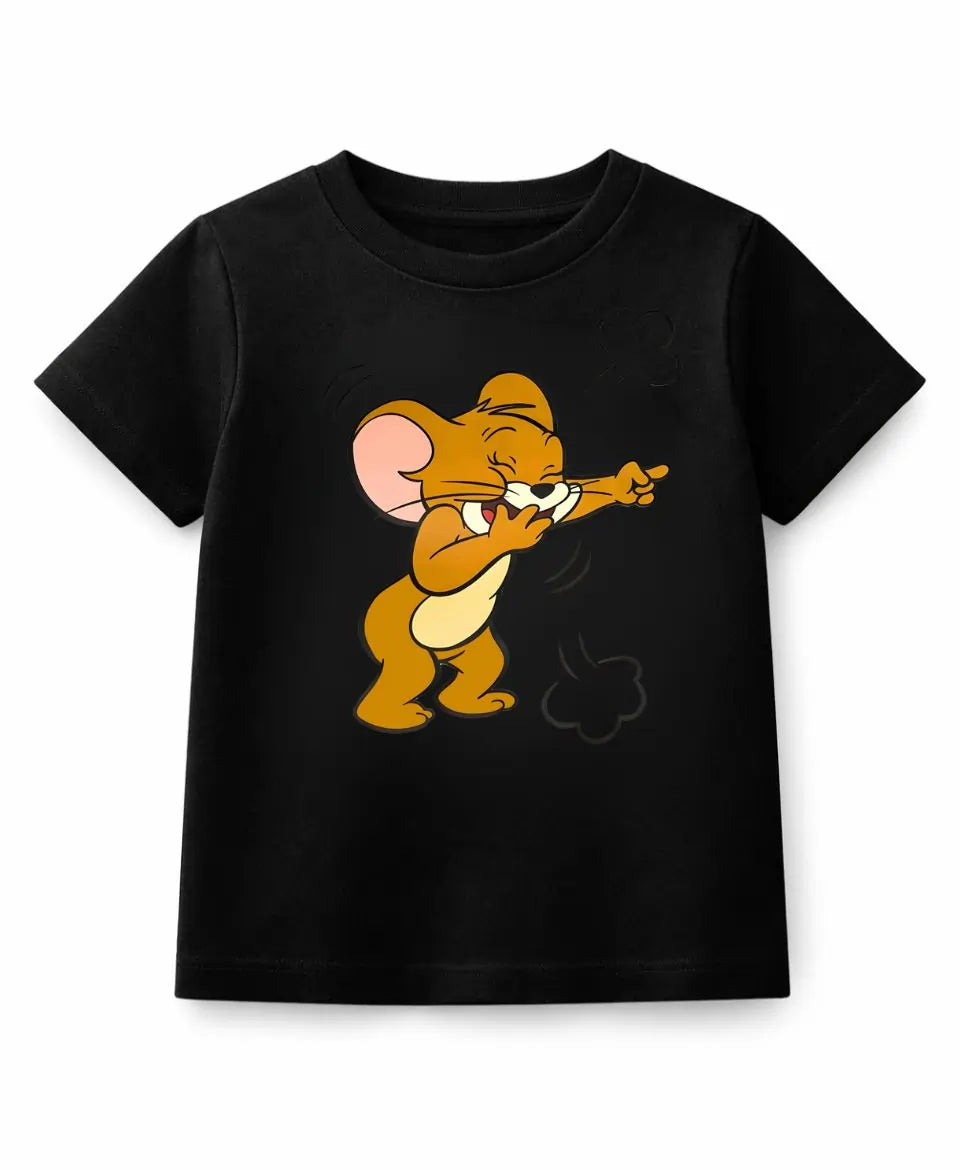 Black t-shirt with a cartoon character on a white background