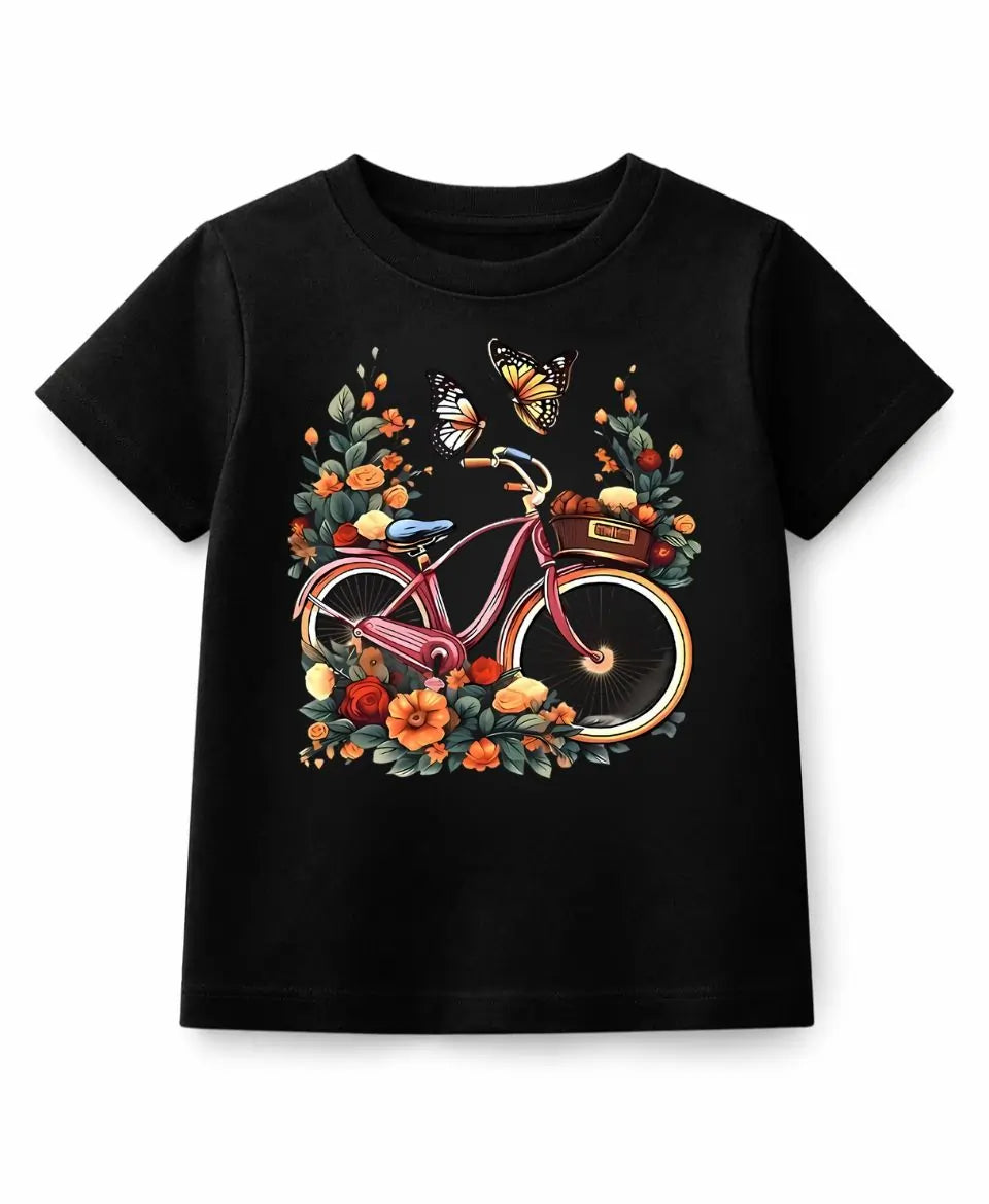 Black t-shirt with a colorful bicycle and floral design on a white background
