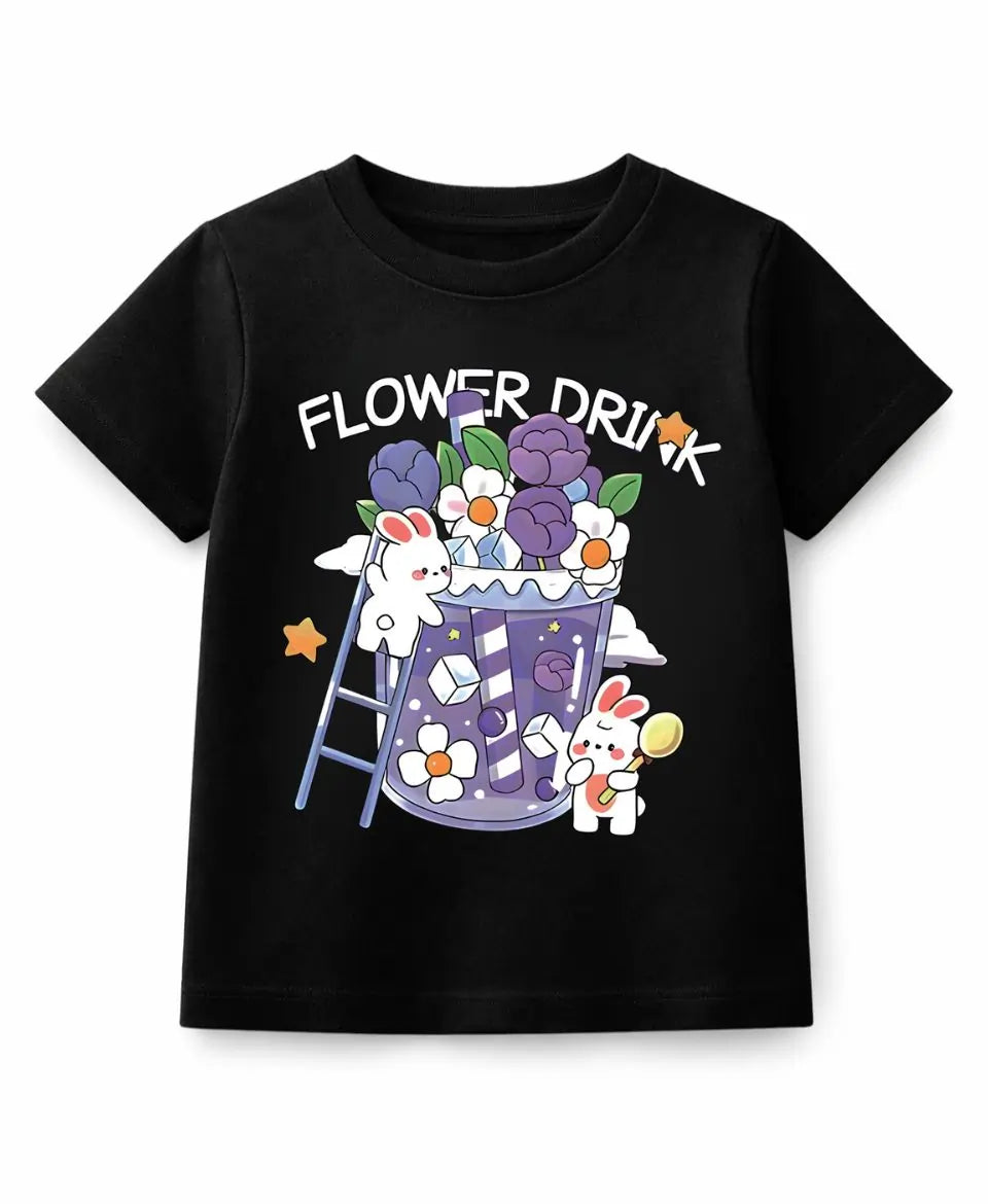 Black t-shirt with a colorful graphic design featuring flowers and text on a white background