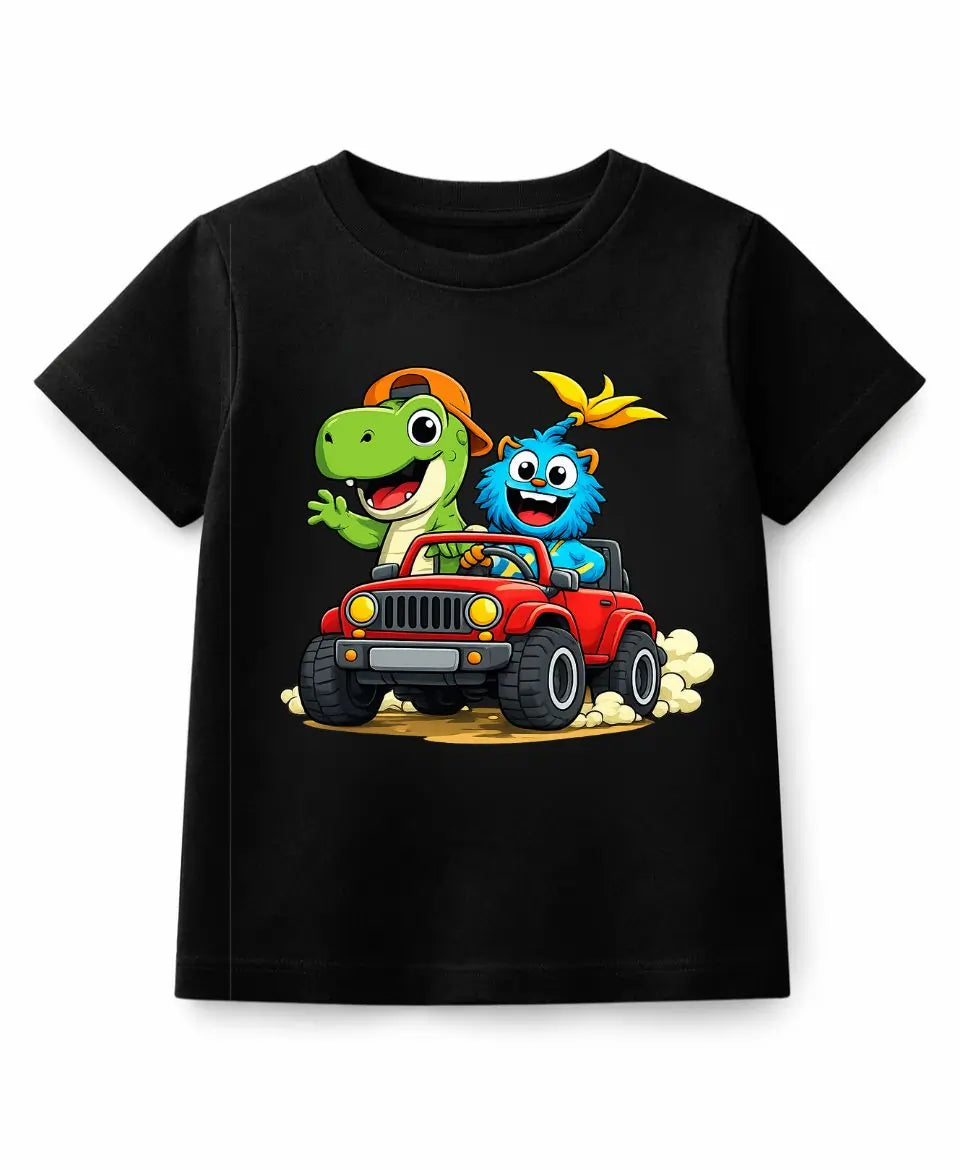 Black t-shirt with cartoon characters driving a red jeep on a white background