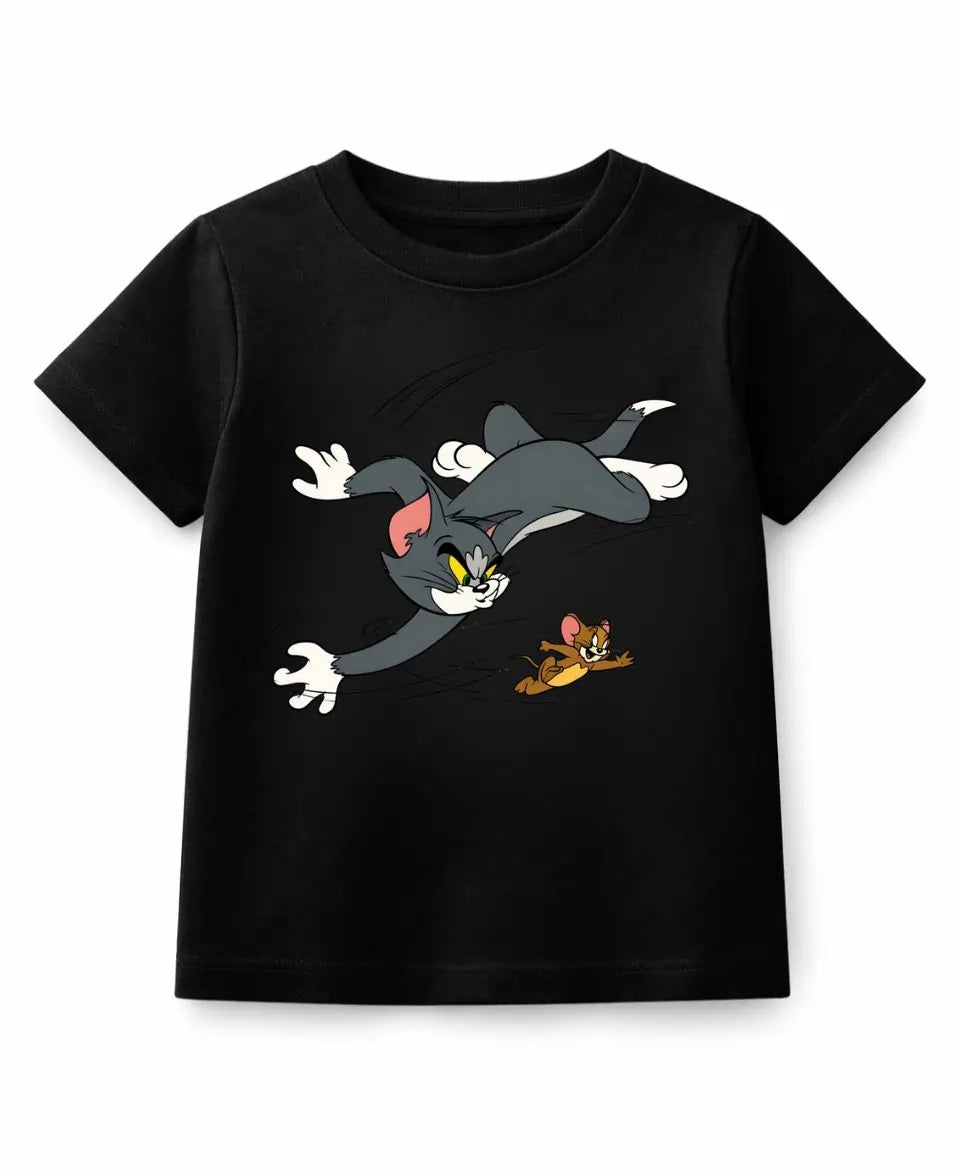 Black t-shirt with cartoon characters on a white background