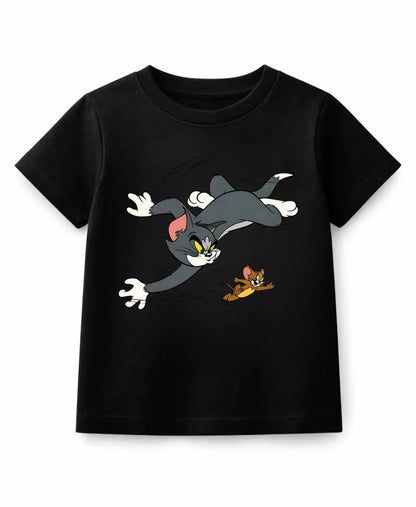 Black t-shirt with cartoon characters on a white background