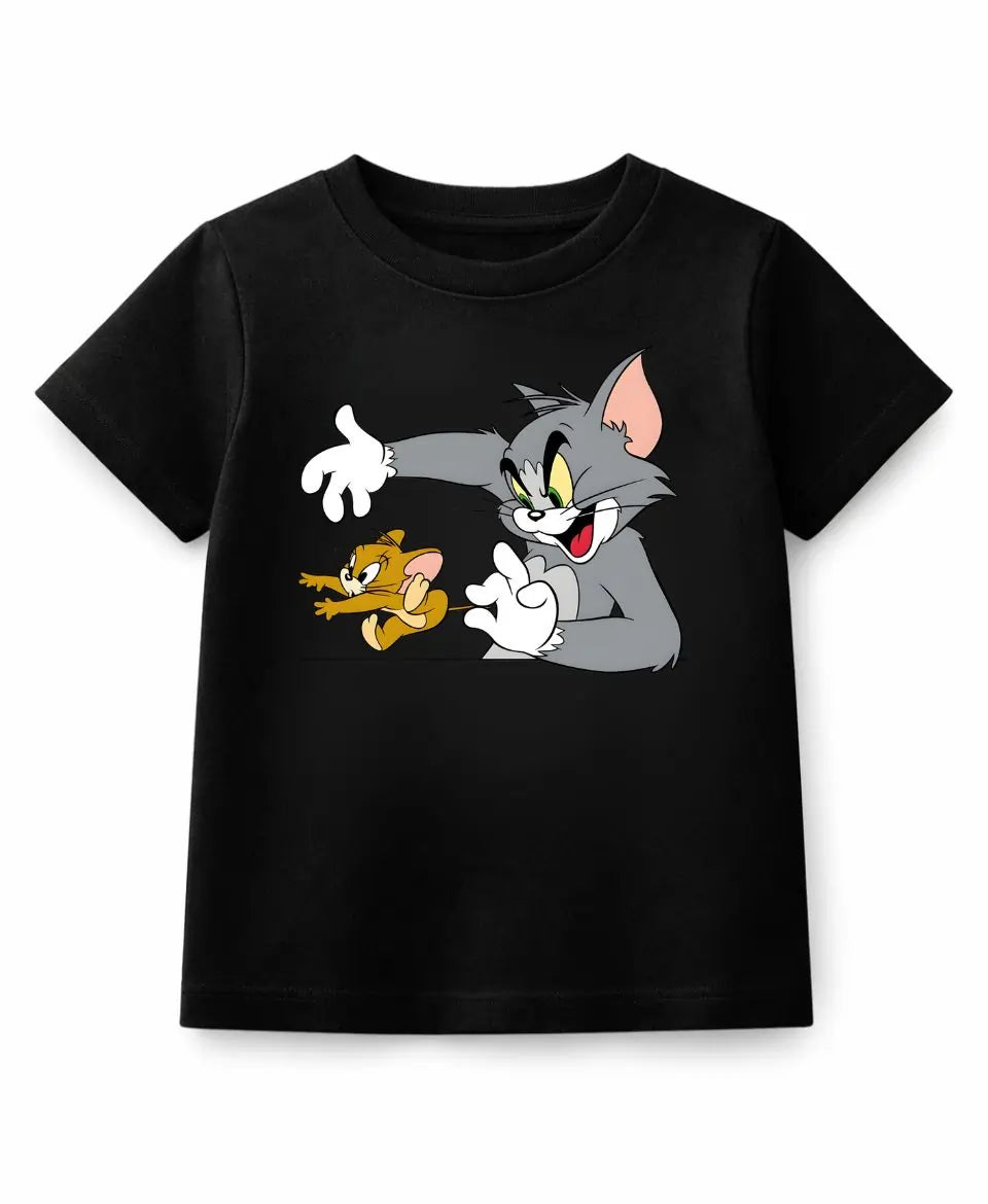 Black t-shirt with cartoon characters on a white background