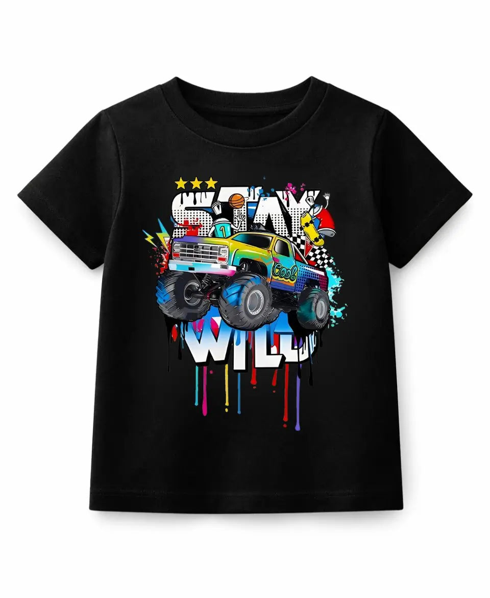 Black t-shirt with colorful monster truck graphic and text on a white background