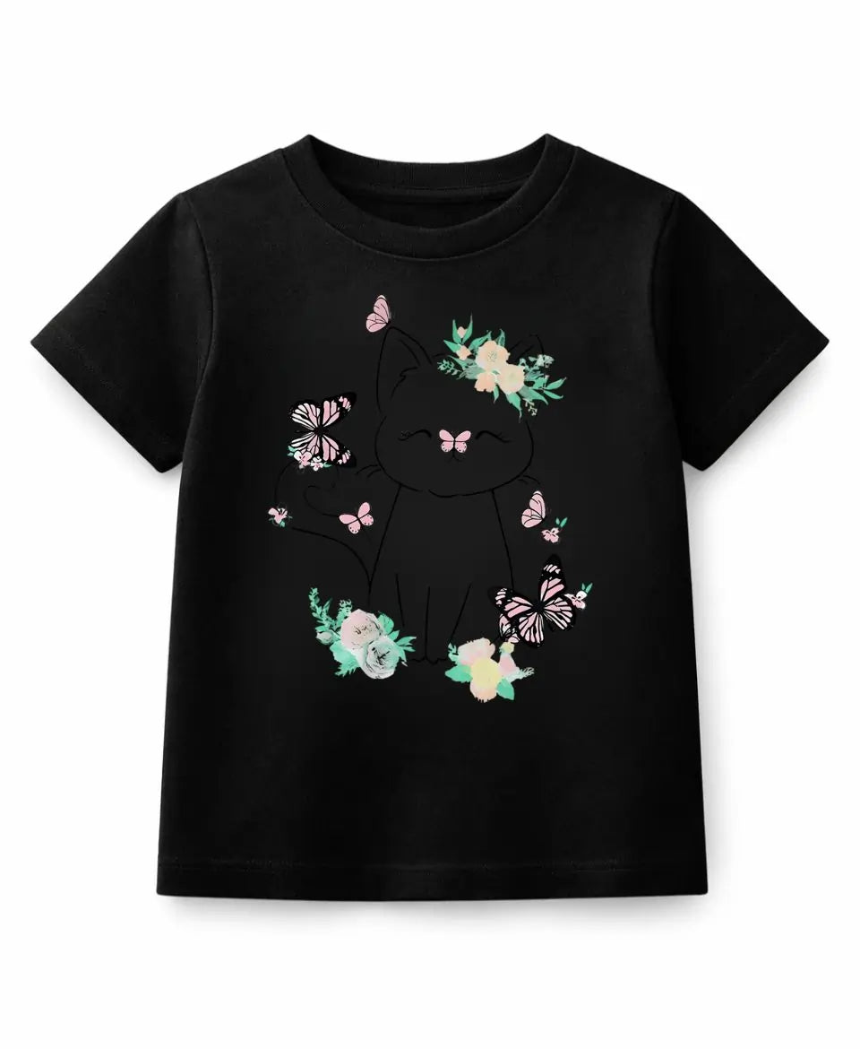 Black t-shirt with floral and butterfly design on a white background