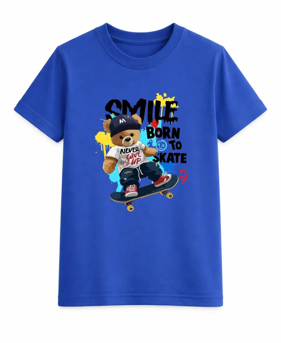 Blue t-shirt with a bear graphic and text on a white background