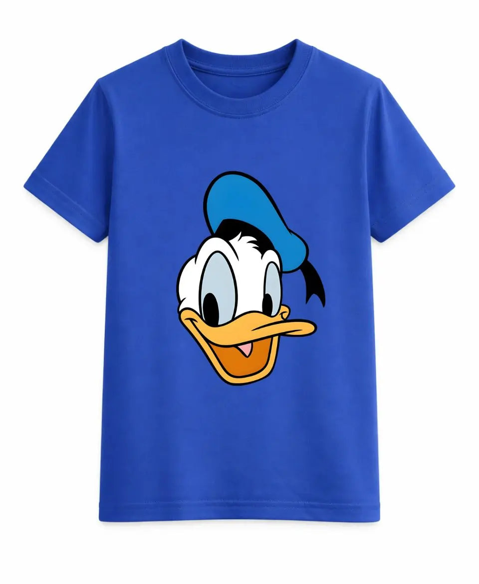 Blue t-shirt with a cartoon character face on a white background