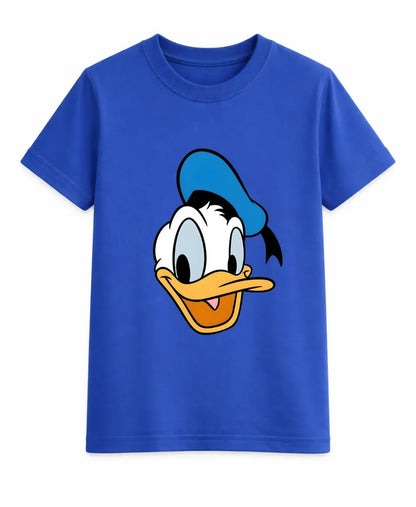 Blue t-shirt with a cartoon character face on a white background