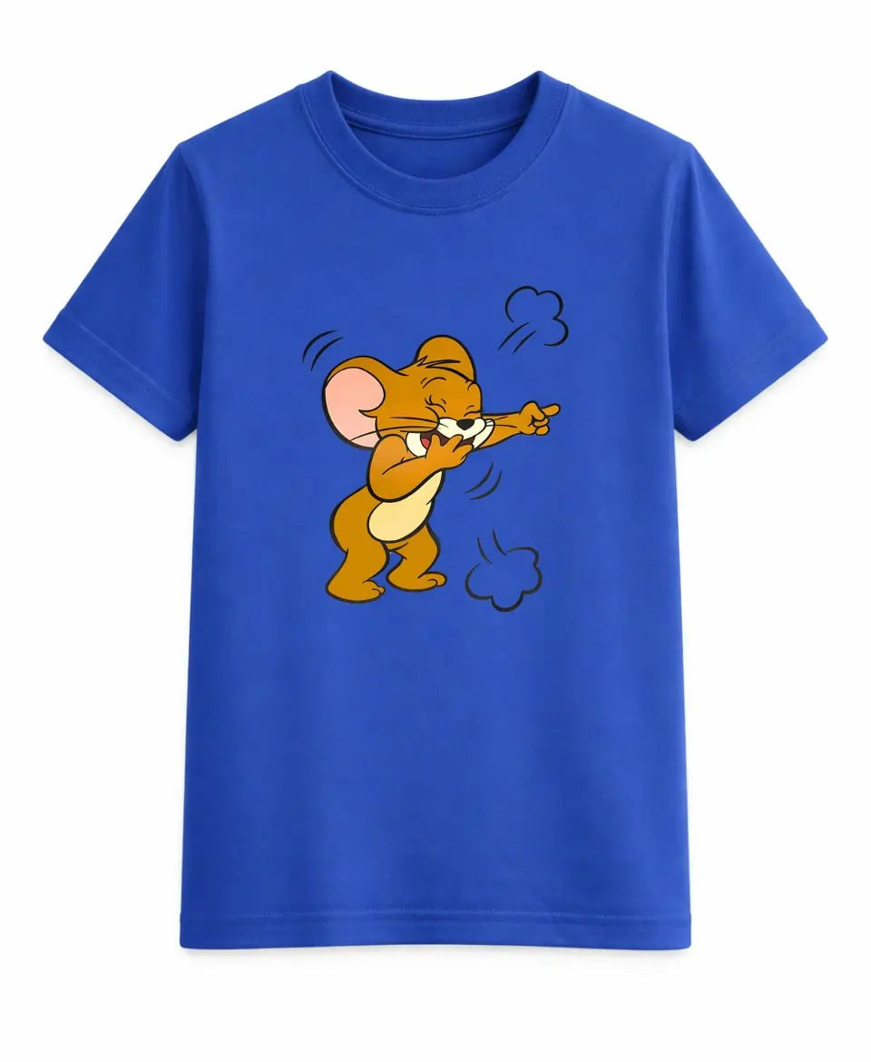 Blue t-shirt with a cartoon mouse design on a white background