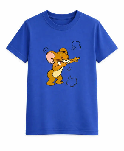 Blue t-shirt with a cartoon mouse design on a white background