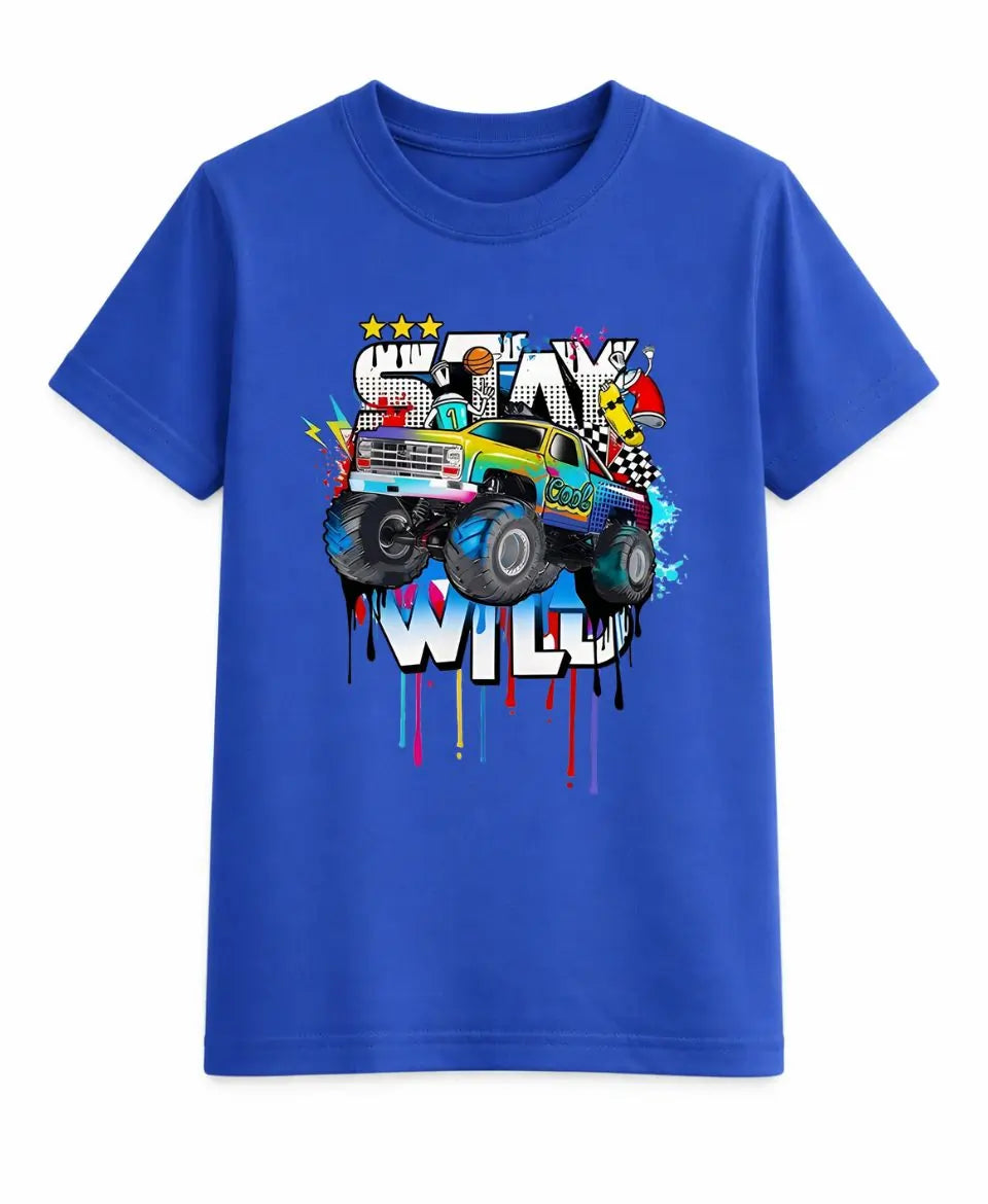 Blue t-shirt with a colorful monster truck graphic and text on a white background