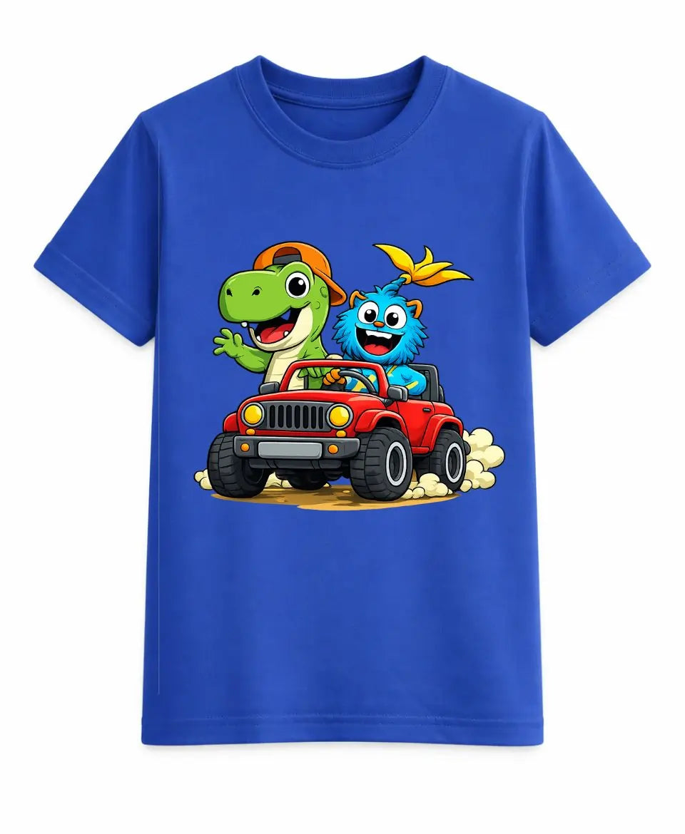 Blue t-shirt with cartoon characters driving a red jeep on a white background