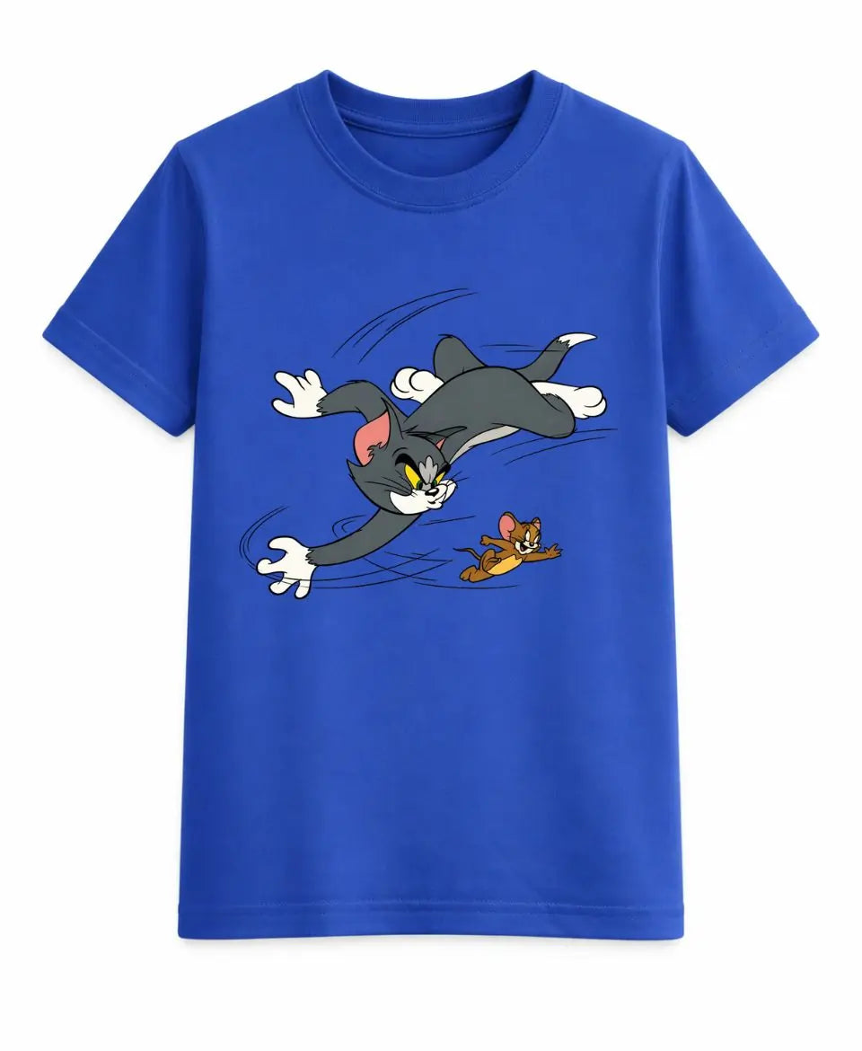Blue t-shirt with cartoon characters on a white background