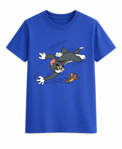 Blue t-shirt with cartoon characters on a white background