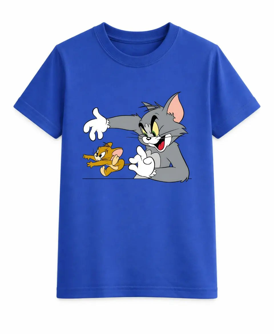 Blue t-shirt with cartoon characters on a white background