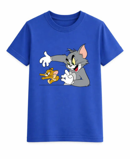 Blue t-shirt with cartoon characters on a white background