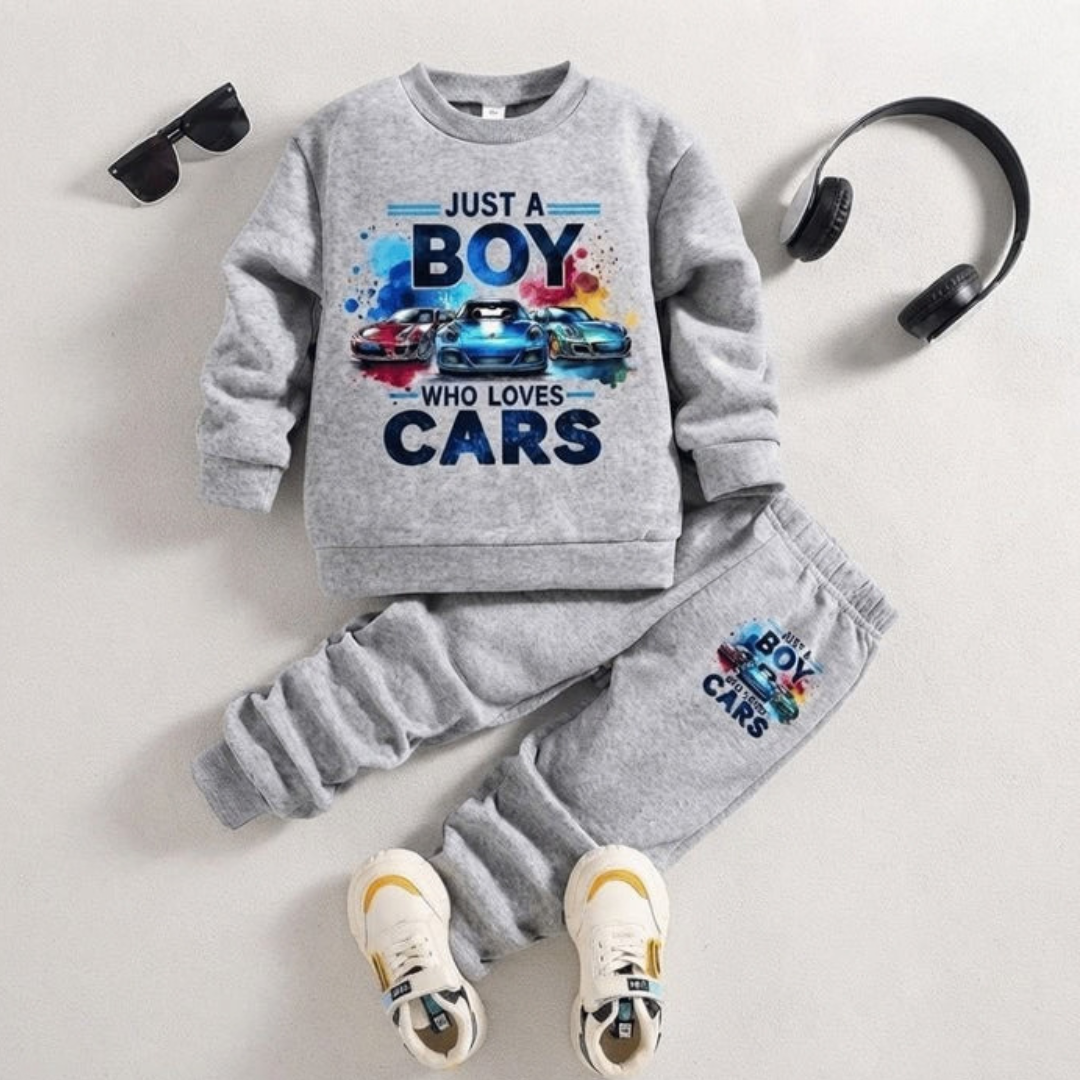 Boys Car Print Sweatshirt & Jogger Set – Grey