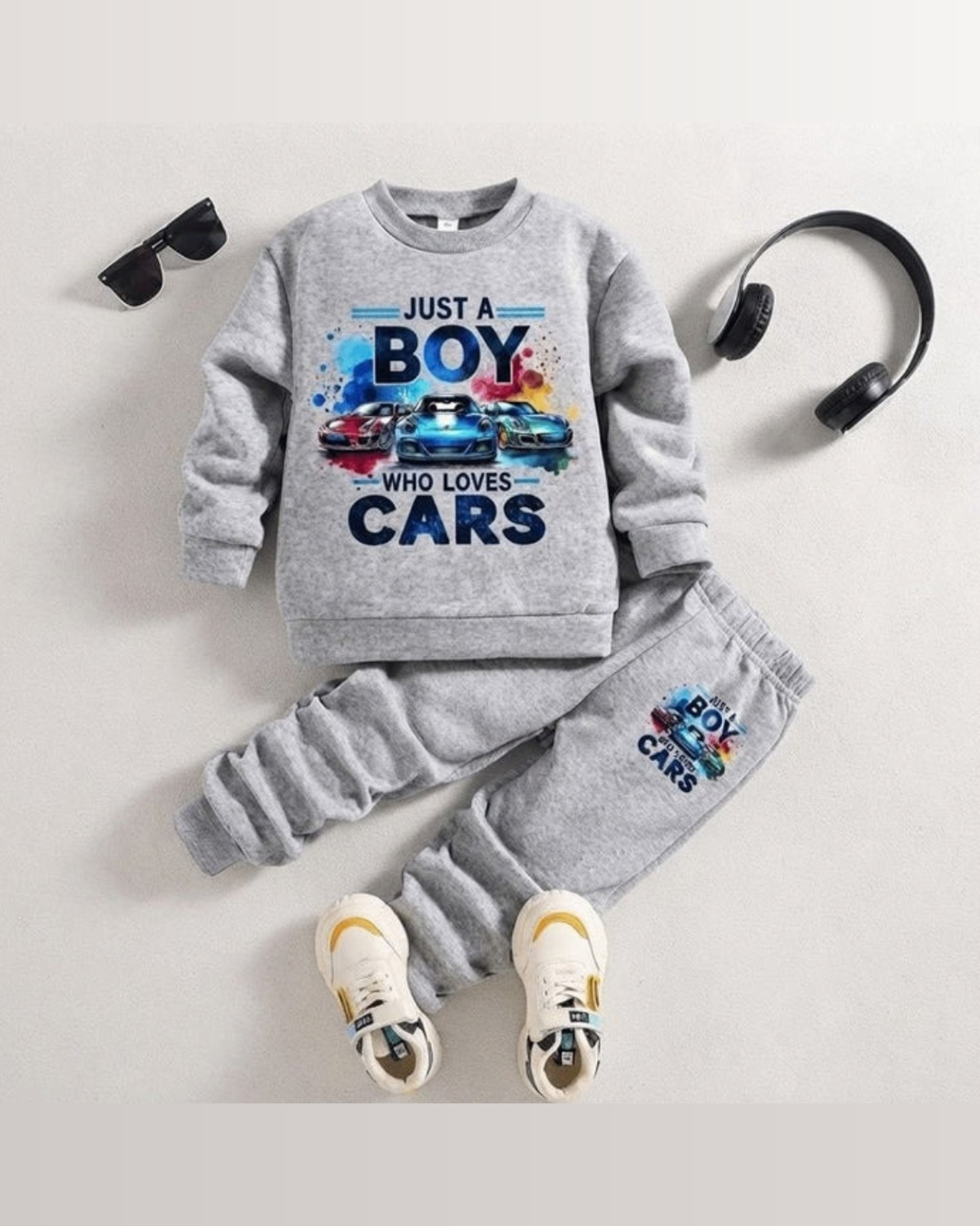 Boys Car Print Sweatshirt & Jogger Set – Grey