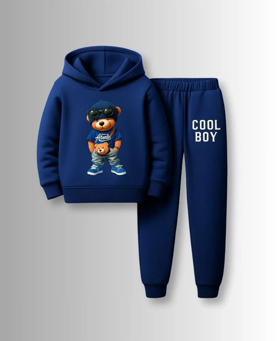 Navy blue hoodie and jogger set with teddy bear graphic and 'Cool Boy' text on a light gray background