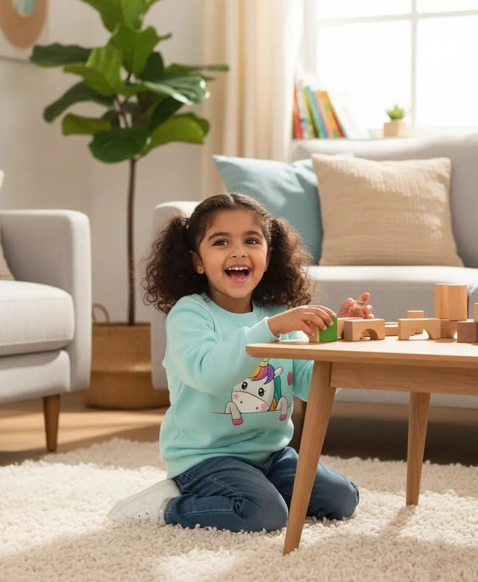 Child playing with wooden toys in a living room