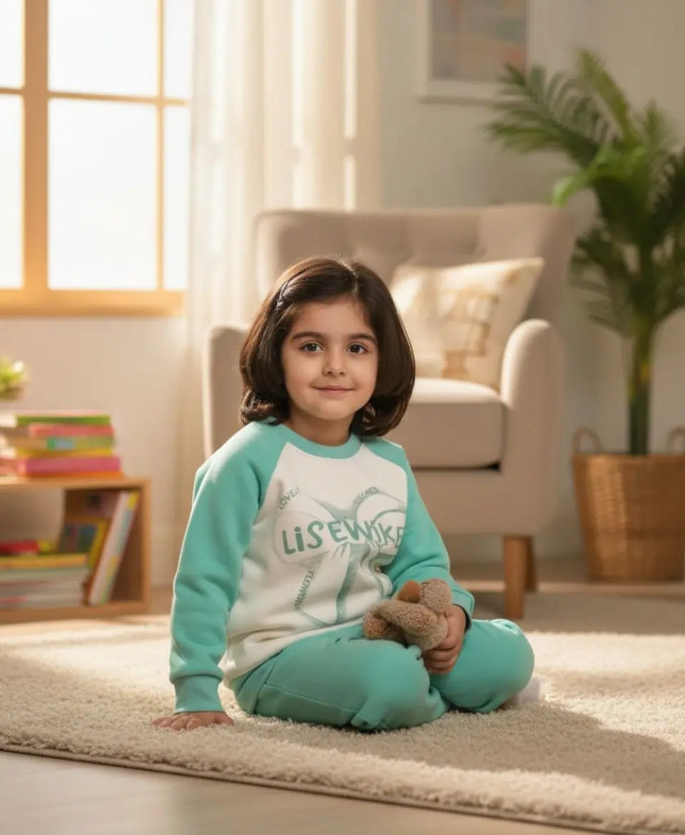 Child sitting on a rug in a cozy living room holding a teddy bear.